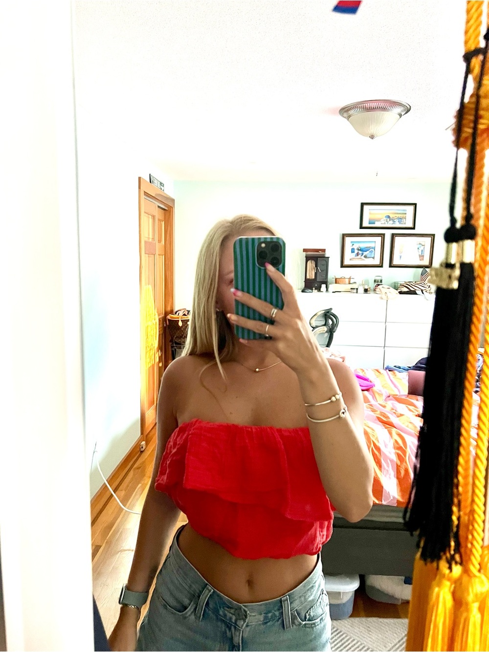 Strapless Ruffled linen crop top - Red